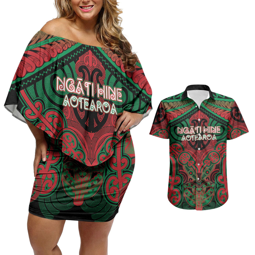 Aotearoa Iwi Ngati Hine Personalised Couples Matching Off Shoulder Short Dress and Hawaiian Shirt Maori Kowhaiwhai Pattern