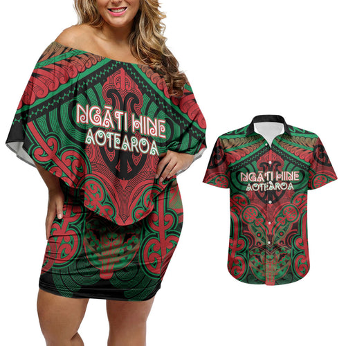 Aotearoa Iwi Ngati Hine Personalised Couples Matching Off Shoulder Short Dress and Hawaiian Shirt Maori Kowhaiwhai Pattern