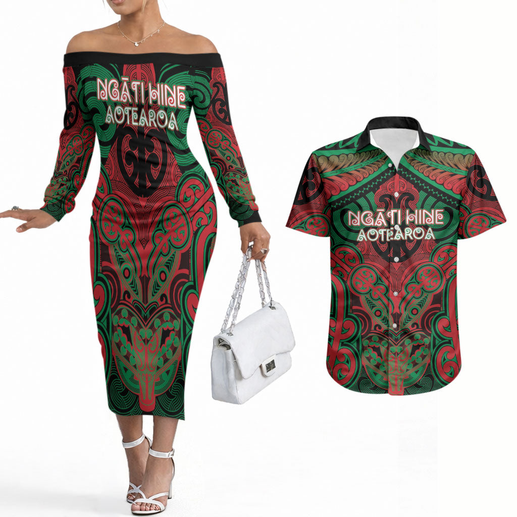 Aotearoa Iwi Ngati Hine Personalised Couples Matching Off The Shoulder Long Sleeve Dress and Hawaiian Shirt Maori Kowhaiwhai Pattern