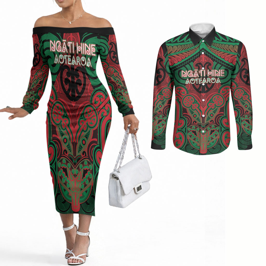 Aotearoa Iwi Ngati Hine Personalised Couples Matching Off The Shoulder Long Sleeve Dress and Long Sleeve Button Shirt Maori Kowhaiwhai Pattern