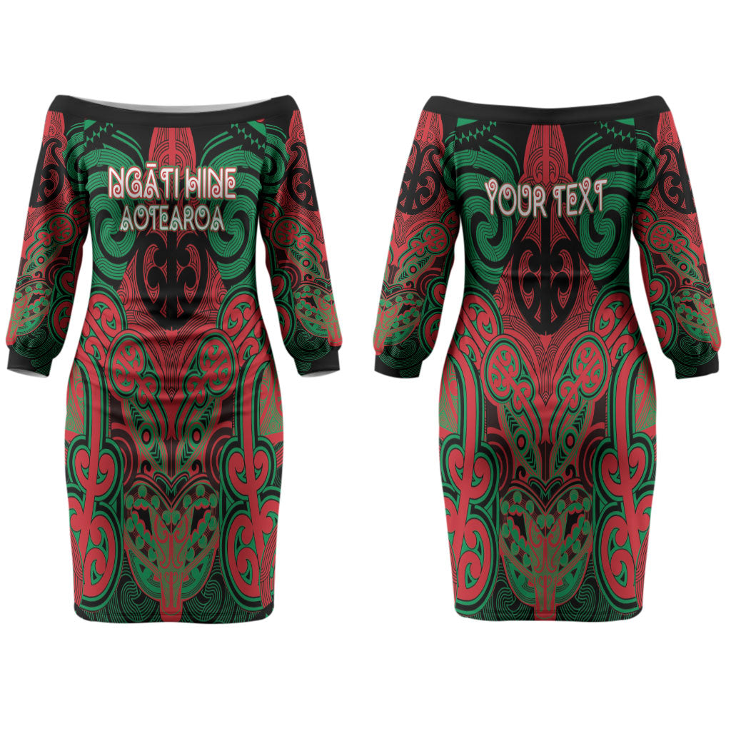 Aotearoa Iwi Ngati Hine Personalised Couples Matching Off The Shoulder Long Sleeve Dress and Long Sleeve Button Shirt Maori Kowhaiwhai Pattern
