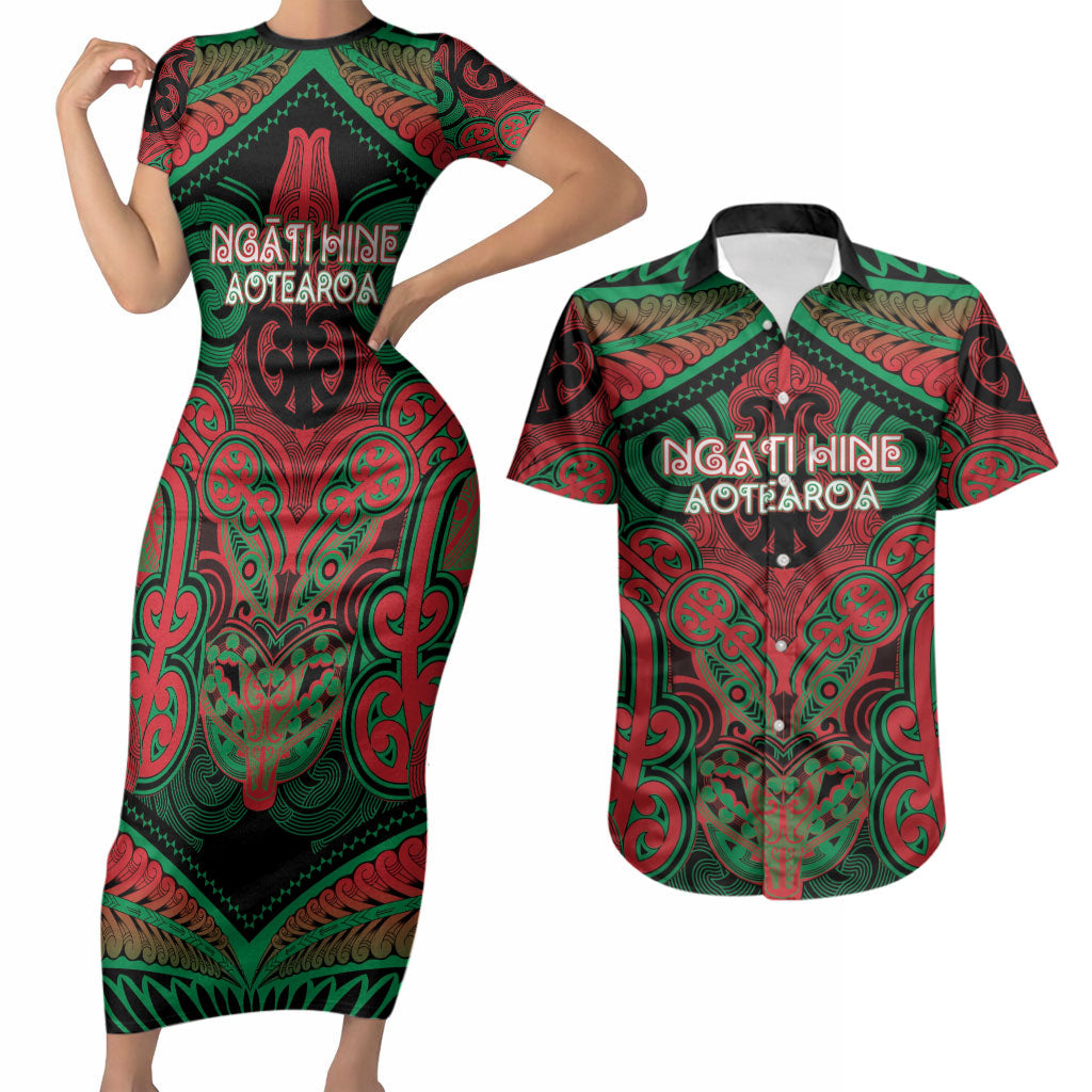 Aotearoa Iwi Ngati Hine Personalised Couples Matching Short Sleeve Bodycon Dress and Hawaiian Shirt Maori Kowhaiwhai Pattern