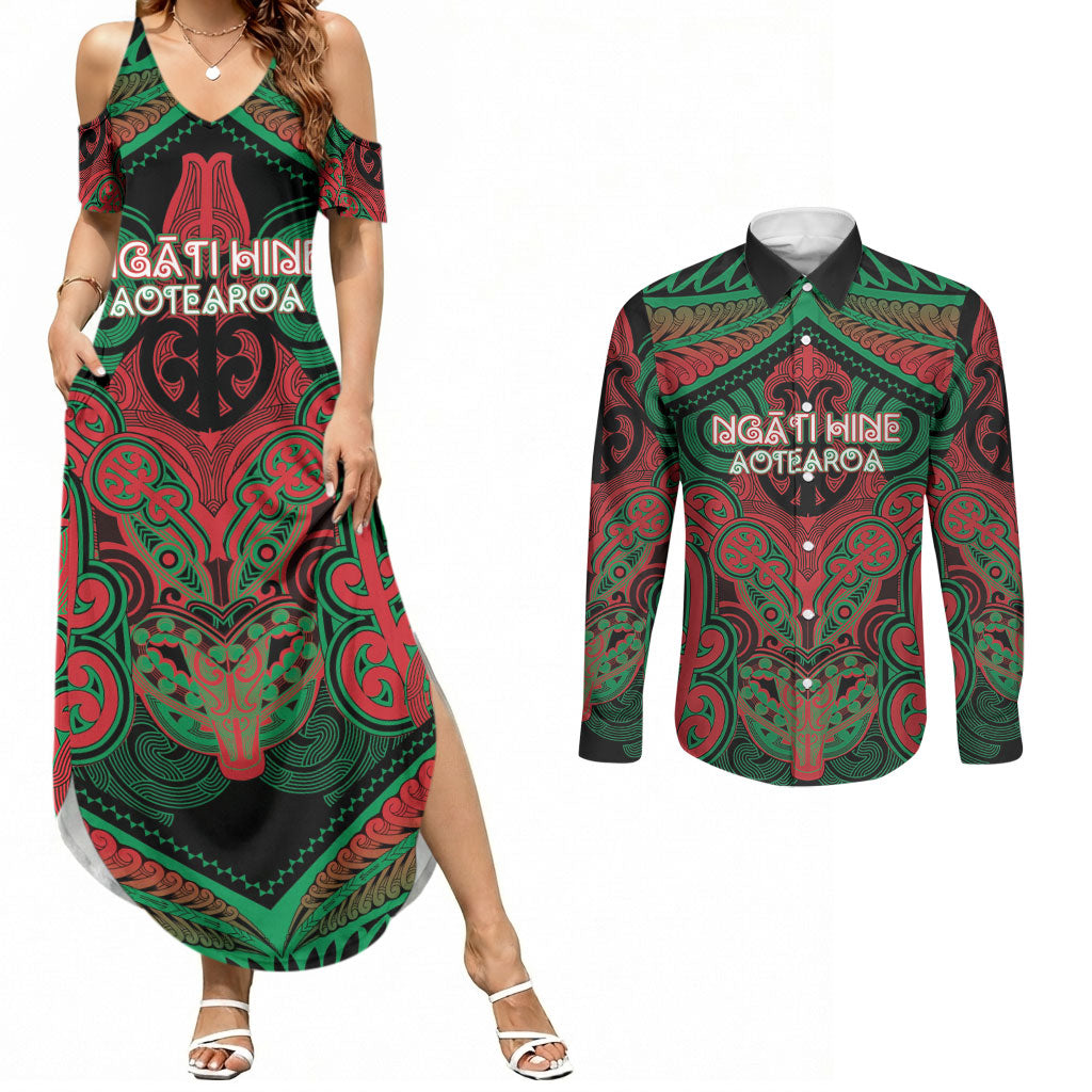 Aotearoa Iwi Ngati Hine Personalised Couples Matching Summer Maxi Dress and Long Sleeve Button Shirt Maori Kowhaiwhai Pattern