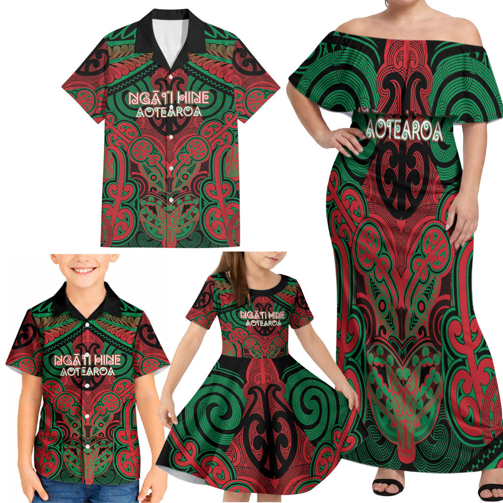 Aotearoa Iwi Ngati Hine Personalised Family Matching Off Shoulder Maxi Dress and Hawaiian Shirt Maori Kowhaiwhai Pattern