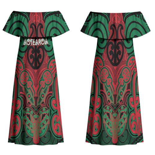 Aotearoa Iwi Ngati Hine Personalised Family Matching Off Shoulder Maxi Dress and Hawaiian Shirt Maori Kowhaiwhai Pattern