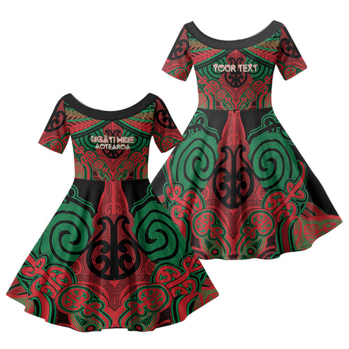 Aotearoa Iwi Ngati Hine Personalised Family Matching Off Shoulder Maxi Dress and Hawaiian Shirt Maori Kowhaiwhai Pattern