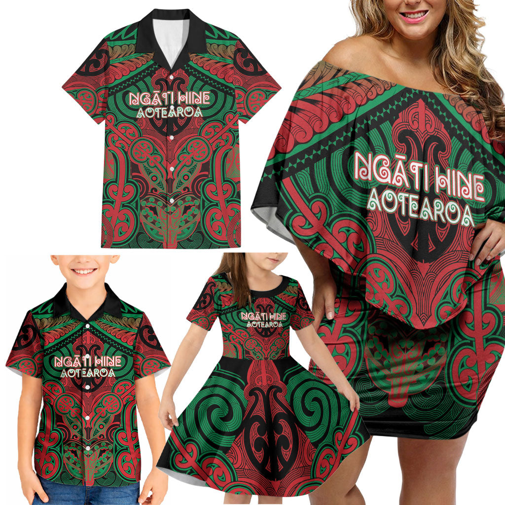 Aotearoa Iwi Ngati Hine Personalised Family Matching Off Shoulder Short Dress and Hawaiian Shirt Maori Kowhaiwhai Pattern