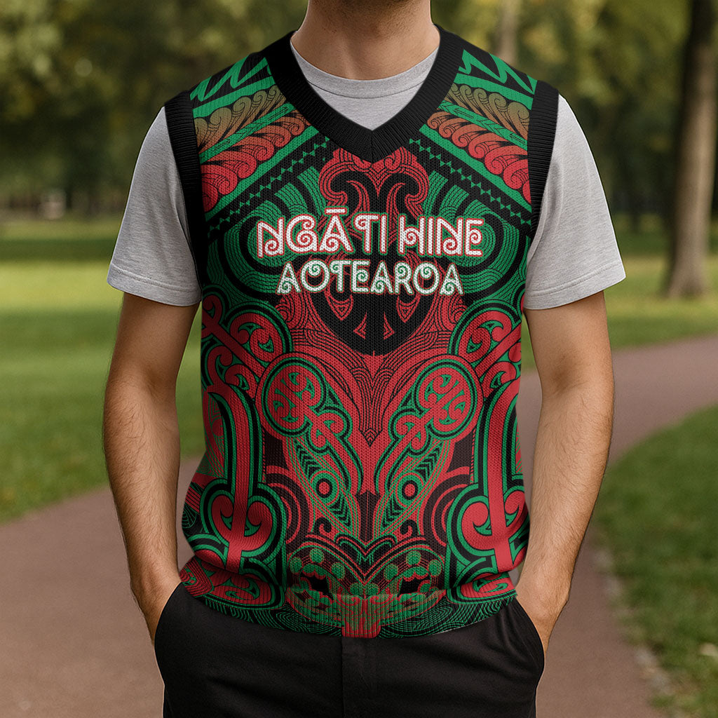 Aotearoa Iwi Ngati Hine Personalised Christmas Knitted V-Neck Vest Maori Kowhaiwhai Pattern