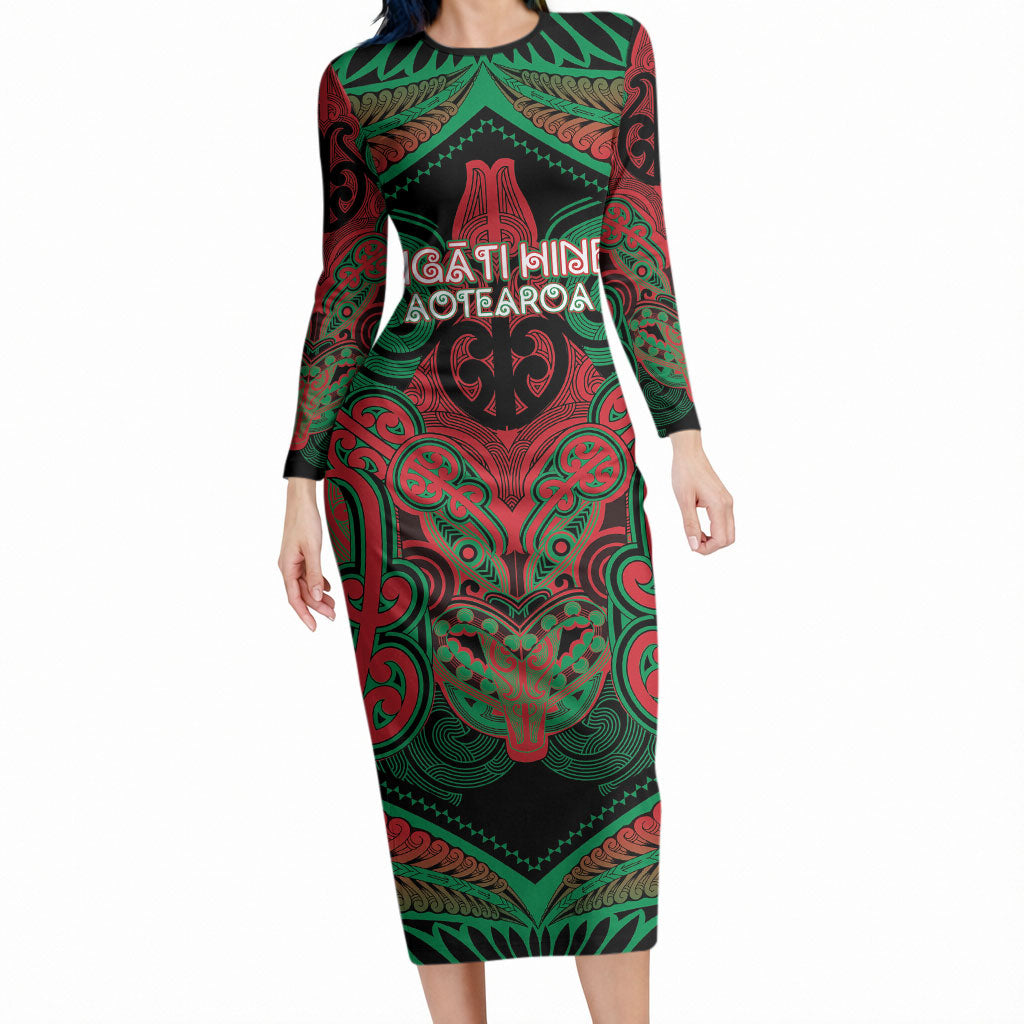 Aotearoa Iwi Ngati Hine Personalised Long Sleeve Bodycon Dress Maori Kowhaiwhai Pattern