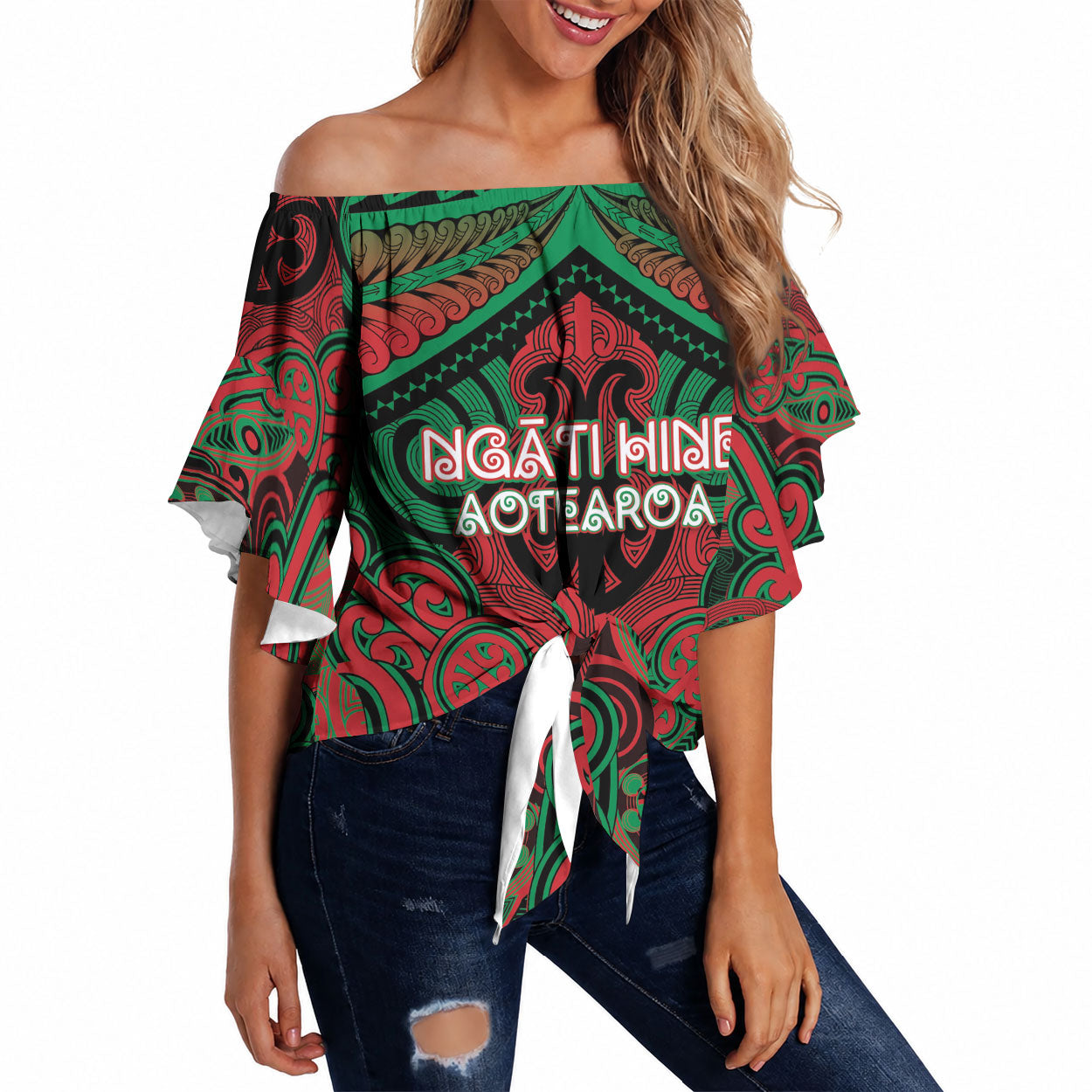 Aotearoa Iwi Ngati Hine Personalised Off Shoulder Wrap Waist Top Maori Kowhaiwhai Pattern