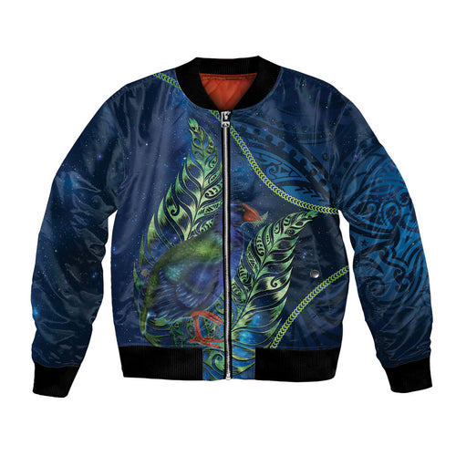New Zealand Takahe Personalised Bomber Jacket Silver Fern Galaxy Polynesian Pattern