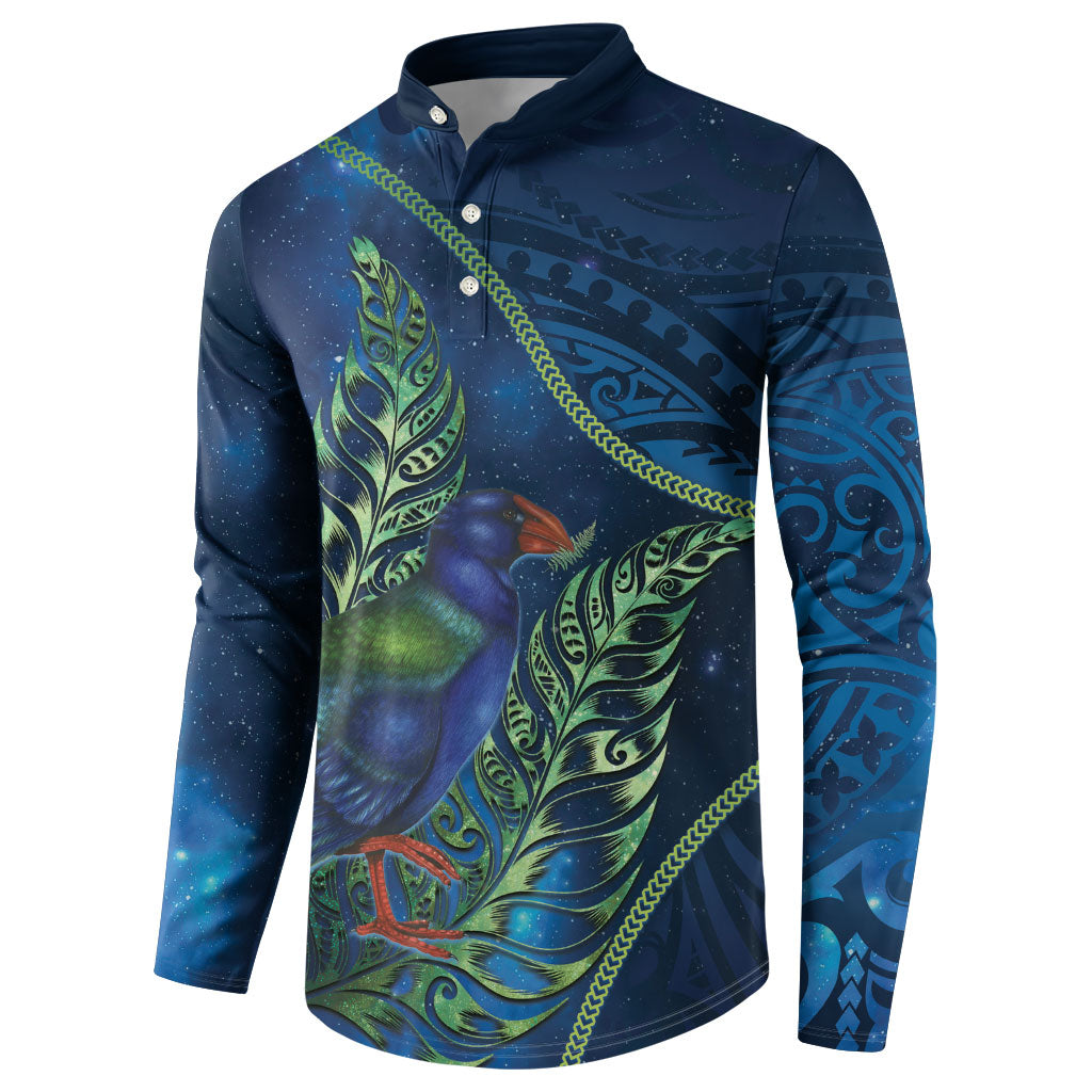 New Zealand Takahe Personalised Button Sweatshirt Silver Fern Galaxy Polynesian Pattern