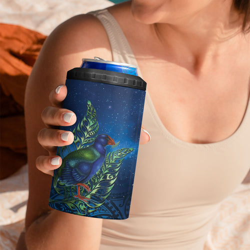 New Zealand Takahe Personalised 4 in 1 Can Cooler Tumbler Silver Fern Galaxy Polynesian Pattern