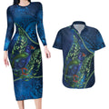 New Zealand Takahe Personalised Couples Matching Long Sleeve Bodycon Dress and Hawaiian Shirt Silver Fern Galaxy Polynesian Pattern