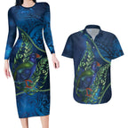 New Zealand Takahe Personalised Couples Matching Long Sleeve Bodycon Dress and Hawaiian Shirt Silver Fern Galaxy Polynesian Pattern
