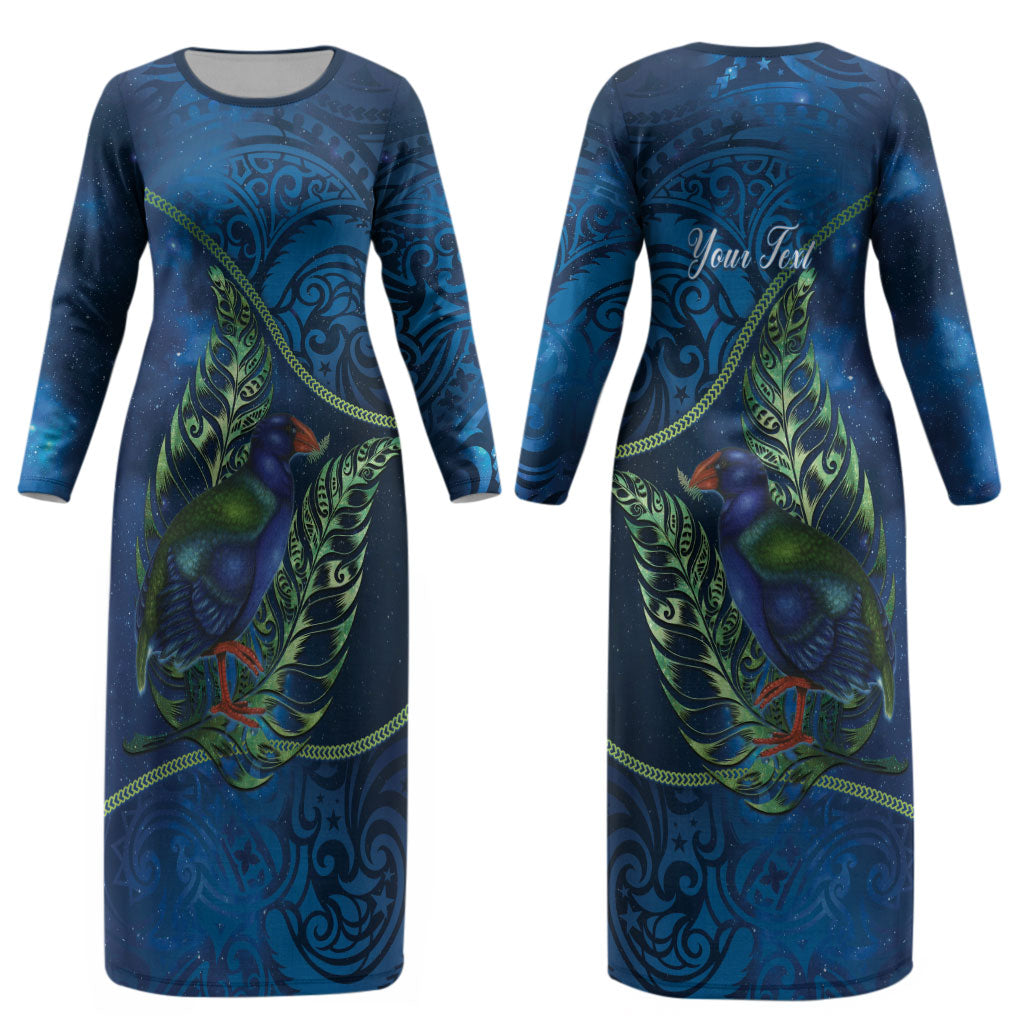 New Zealand Takahe Personalised Couples Matching Long Sleeve Bodycon Dress and Hawaiian Shirt Silver Fern Galaxy Polynesian Pattern LT22