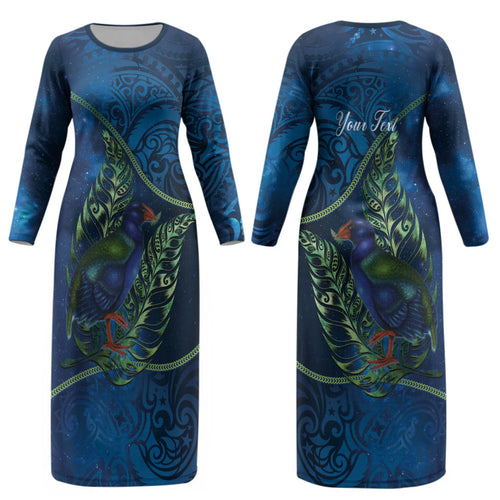 New Zealand Takahe Personalised Couples Matching Long Sleeve Bodycon Dress and Hawaiian Shirt Silver Fern Galaxy Polynesian Pattern LT22