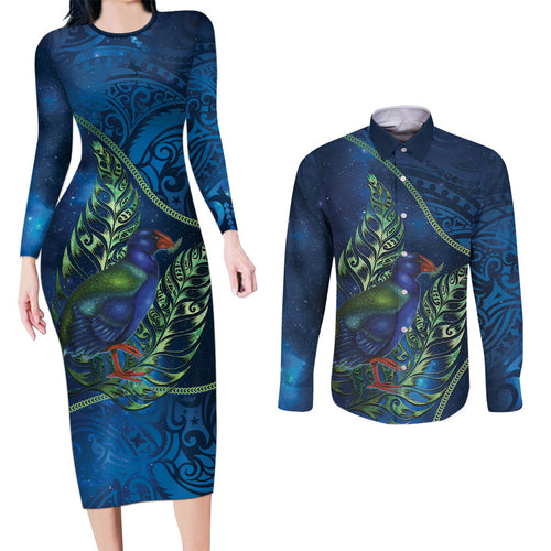 New Zealand Takahe Personalised Couples Matching Long Sleeve Bodycon Dress and Long Sleeve Button Shirt Silver Fern Galaxy Polynesian Pattern