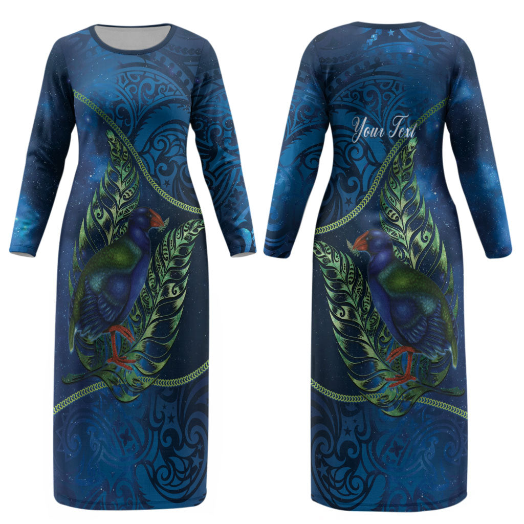 New Zealand Takahe Personalised Couples Matching Long Sleeve Bodycon Dress and Long Sleeve Button Shirt Silver Fern Galaxy Polynesian Pattern LT22