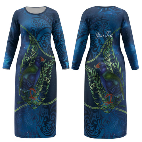 New Zealand Takahe Personalised Couples Matching Long Sleeve Bodycon Dress and Long Sleeve Button Shirt Silver Fern Galaxy Polynesian Pattern LT22