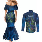 New Zealand Takahe Personalised Couples Matching Mermaid Dress and Long Sleeve Button Shirt Silver Fern Galaxy Polynesian Pattern