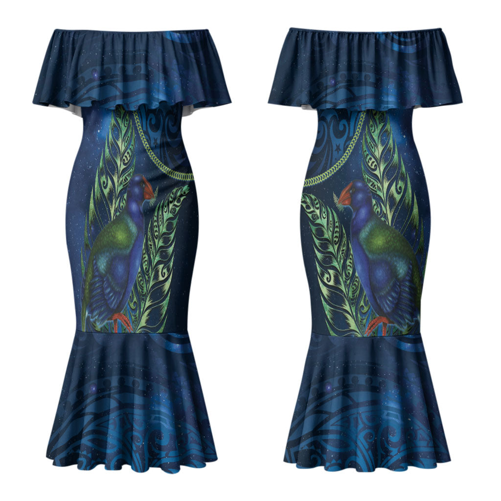 New Zealand Takahe Personalised Couples Matching Mermaid Dress and Long Sleeve Button Shirt Silver Fern Galaxy Polynesian Pattern LT22