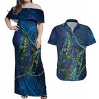 New Zealand Takahe Personalised Couples Matching Off Shoulder Maxi Dress and Hawaiian Shirt Silver Fern Galaxy Polynesian Pattern