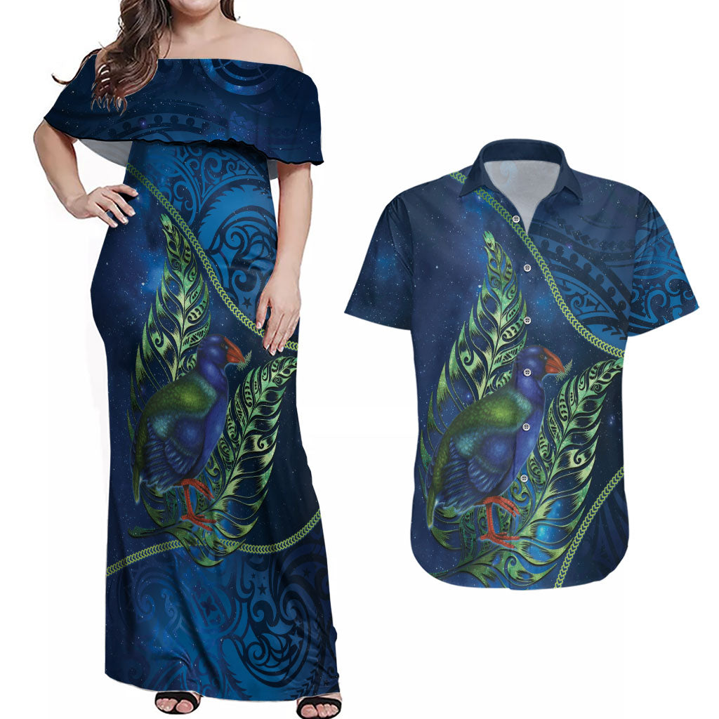 New Zealand Takahe Personalised Couples Matching Off Shoulder Maxi Dress and Hawaiian Shirt Silver Fern Galaxy Polynesian Pattern
