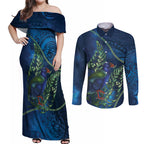 New Zealand Takahe Personalised Couples Matching Off Shoulder Maxi Dress and Long Sleeve Button Shirt Silver Fern Galaxy Polynesian Pattern