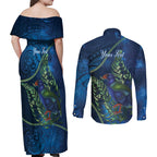 New Zealand Takahe Personalised Couples Matching Off Shoulder Maxi Dress and Long Sleeve Button Shirt Silver Fern Galaxy Polynesian Pattern