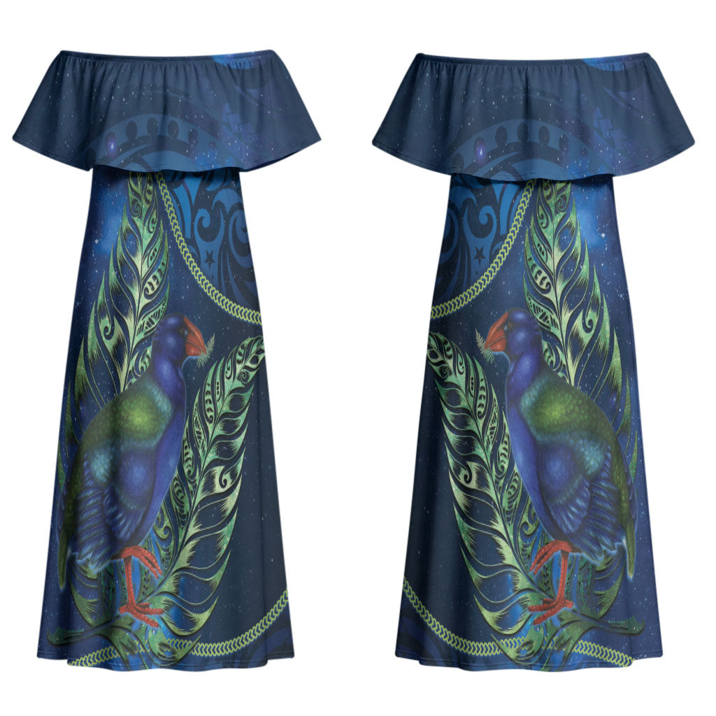 New Zealand Takahe Personalised Couples Matching Off Shoulder Maxi Dress and Long Sleeve Button Shirt Silver Fern Galaxy Polynesian Pattern LT22