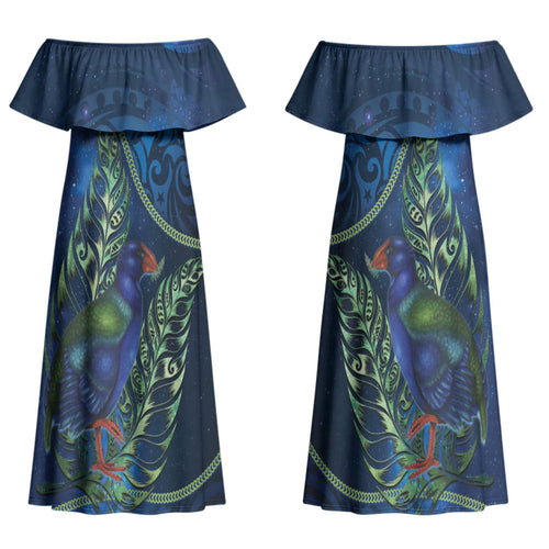 New Zealand Takahe Personalised Couples Matching Off Shoulder Maxi Dress and Long Sleeve Button Shirt Silver Fern Galaxy Polynesian Pattern LT22