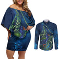 New Zealand Takahe Personalised Couples Matching Off Shoulder Short Dress and Long Sleeve Button Shirt Silver Fern Galaxy Polynesian Pattern