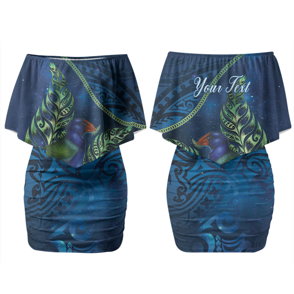 New Zealand Takahe Personalised Couples Matching Off Shoulder Short Dress and Long Sleeve Button Shirt Silver Fern Galaxy Polynesian Pattern LT22