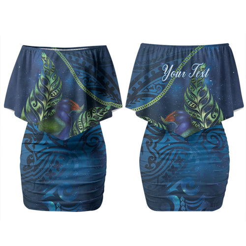 New Zealand Takahe Personalised Couples Matching Off Shoulder Short Dress and Long Sleeve Button Shirt Silver Fern Galaxy Polynesian Pattern LT22