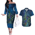 New Zealand Takahe Personalised Couples Matching Off The Shoulder Long Sleeve Dress and Hawaiian Shirt Silver Fern Galaxy Polynesian Pattern