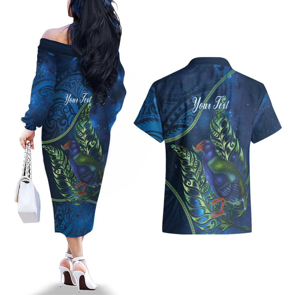 New Zealand Takahe Personalised Couples Matching Off The Shoulder Long Sleeve Dress and Hawaiian Shirt Silver Fern Galaxy Polynesian Pattern