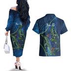 New Zealand Takahe Personalised Couples Matching Off The Shoulder Long Sleeve Dress and Hawaiian Shirt Silver Fern Galaxy Polynesian Pattern