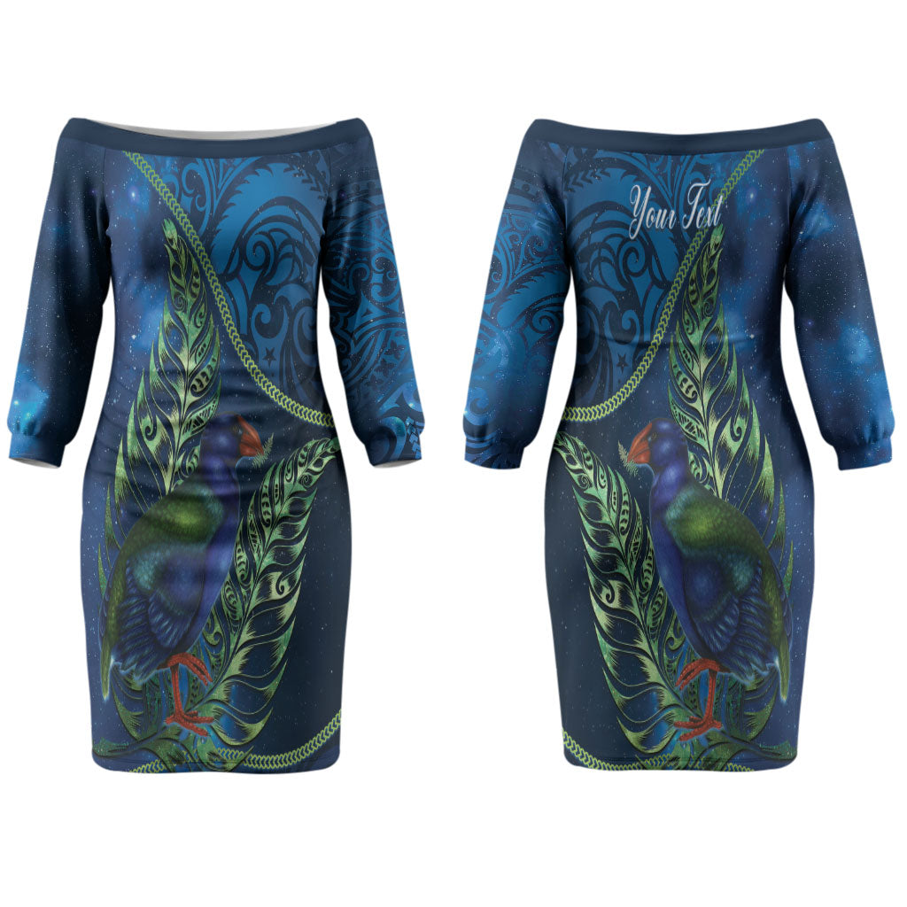 New Zealand Takahe Personalised Couples Matching Off The Shoulder Long Sleeve Dress and Hawaiian Shirt Silver Fern Galaxy Polynesian Pattern LT22