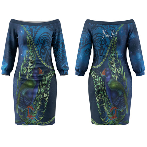 New Zealand Takahe Personalised Couples Matching Off The Shoulder Long Sleeve Dress and Long Sleeve Button Shirt Silver Fern Galaxy Polynesian Pattern LT22