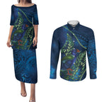 New Zealand Takahe Personalised Couples Matching Puletasi and Long Sleeve Button Shirt Silver Fern Galaxy Polynesian Pattern