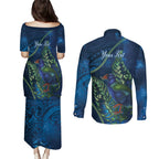 New Zealand Takahe Personalised Couples Matching Puletasi and Long Sleeve Button Shirt Silver Fern Galaxy Polynesian Pattern