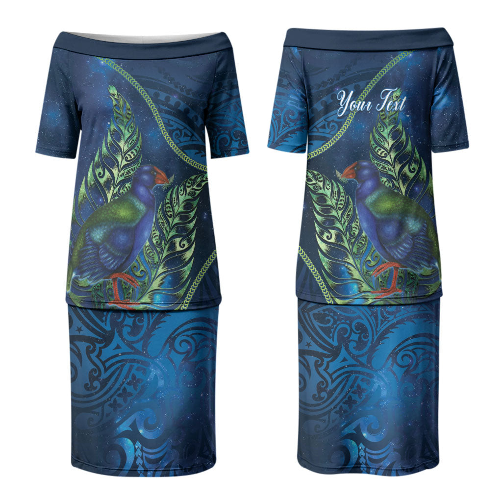 New Zealand Takahe Personalised Couples Matching Puletasi and Long Sleeve Button Shirt Silver Fern Galaxy Polynesian Pattern LT22