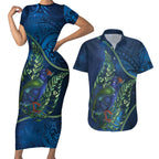 New Zealand Takahe Personalised Couples Matching Short Sleeve Bodycon Dress and Hawaiian Shirt Silver Fern Galaxy Polynesian Pattern