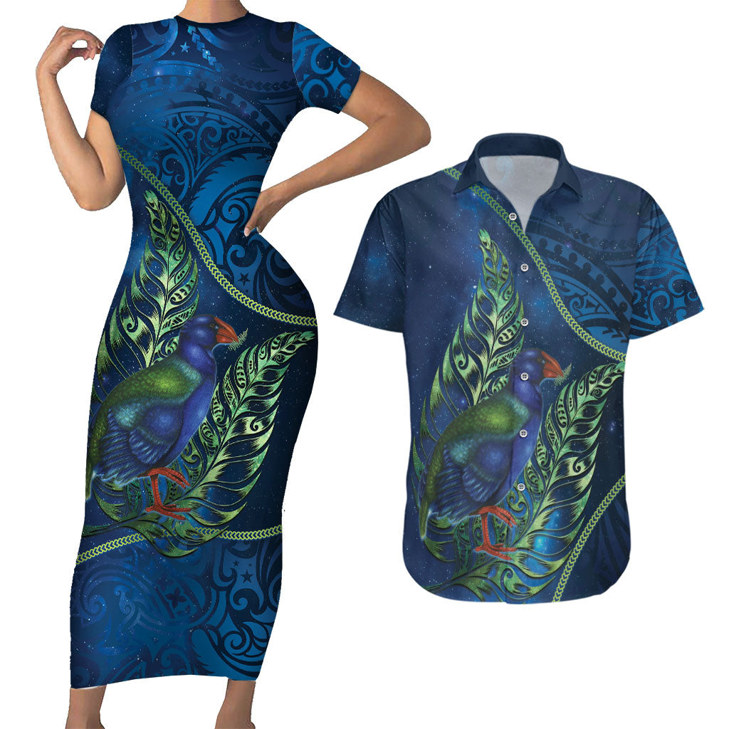 New Zealand Takahe Personalised Couples Matching Short Sleeve Bodycon Dress and Hawaiian Shirt Silver Fern Galaxy Polynesian Pattern