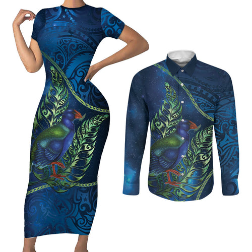 New Zealand Takahe Personalised Couples Matching Short Sleeve Bodycon Dress and Long Sleeve Button Shirt Silver Fern Galaxy Polynesian Pattern