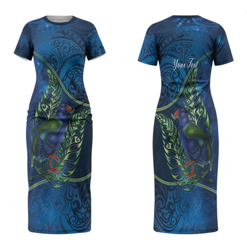 New Zealand Takahe Personalised Couples Matching Short Sleeve Bodycon Dress and Long Sleeve Button Shirt Silver Fern Galaxy Polynesian Pattern LT22