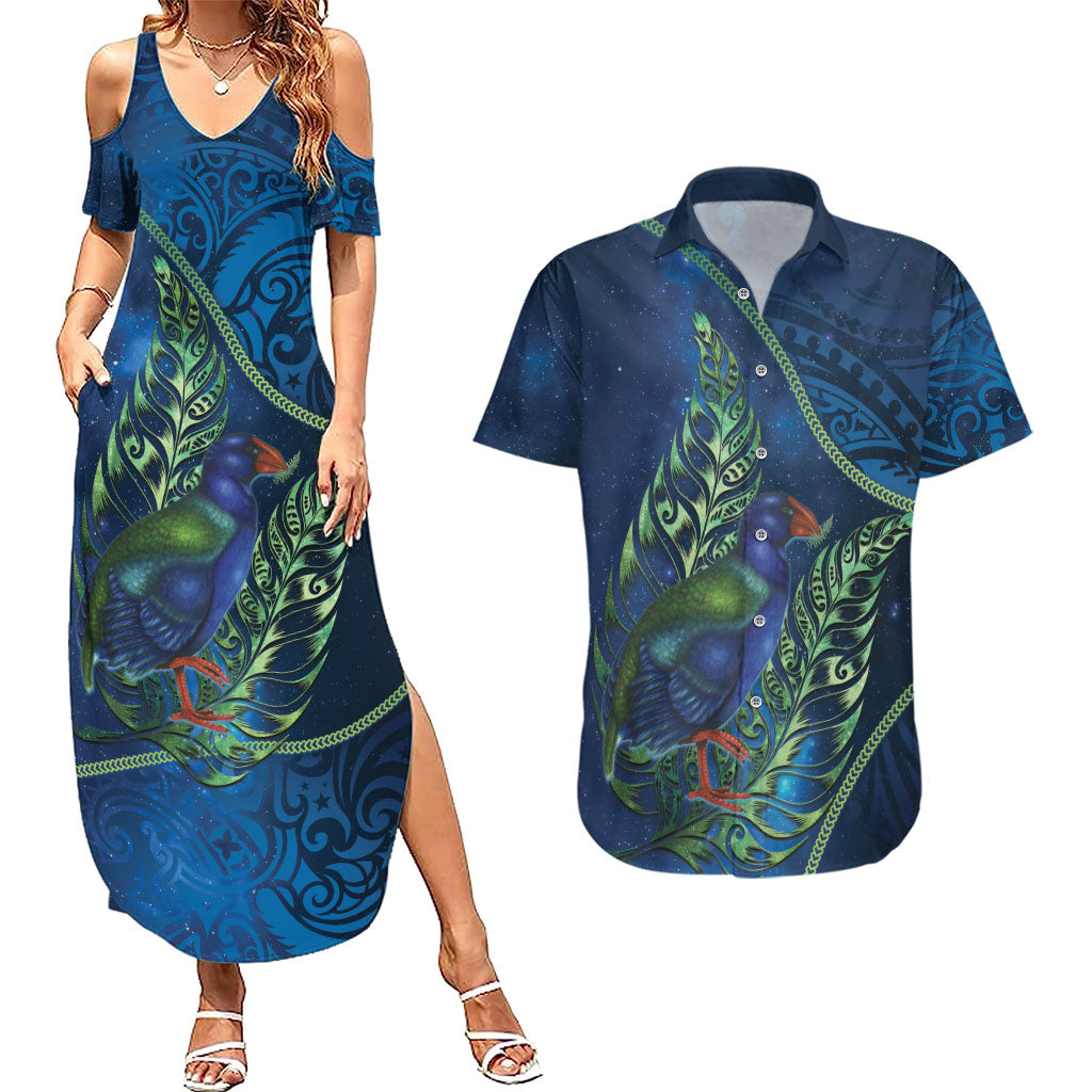 New Zealand Takahe Personalised Couples Matching Summer Maxi Dress and Hawaiian Shirt Silver Fern Galaxy Polynesian Pattern