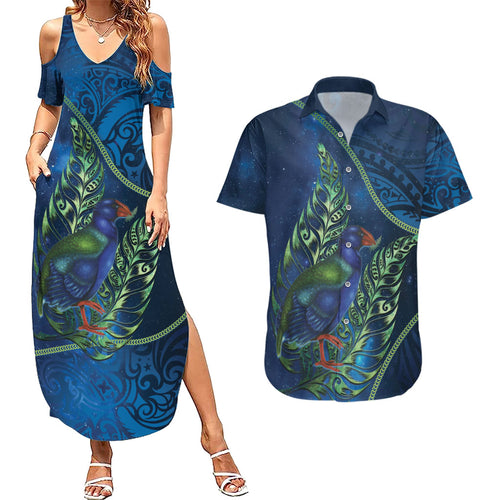 New Zealand Takahe Personalised Couples Matching Summer Maxi Dress and Hawaiian Shirt Silver Fern Galaxy Polynesian Pattern