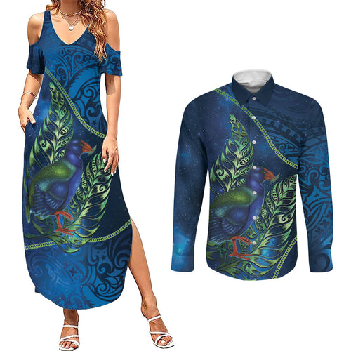 New Zealand Takahe Personalised Couples Matching Summer Maxi Dress and Long Sleeve Button Shirt Silver Fern Galaxy Polynesian Pattern